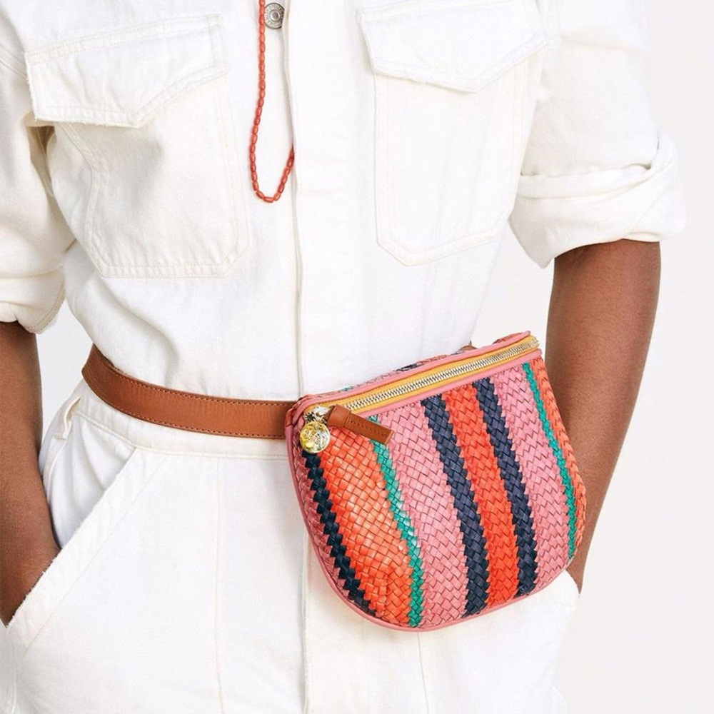 Clare V striped woven fanny pack in Petal / multi